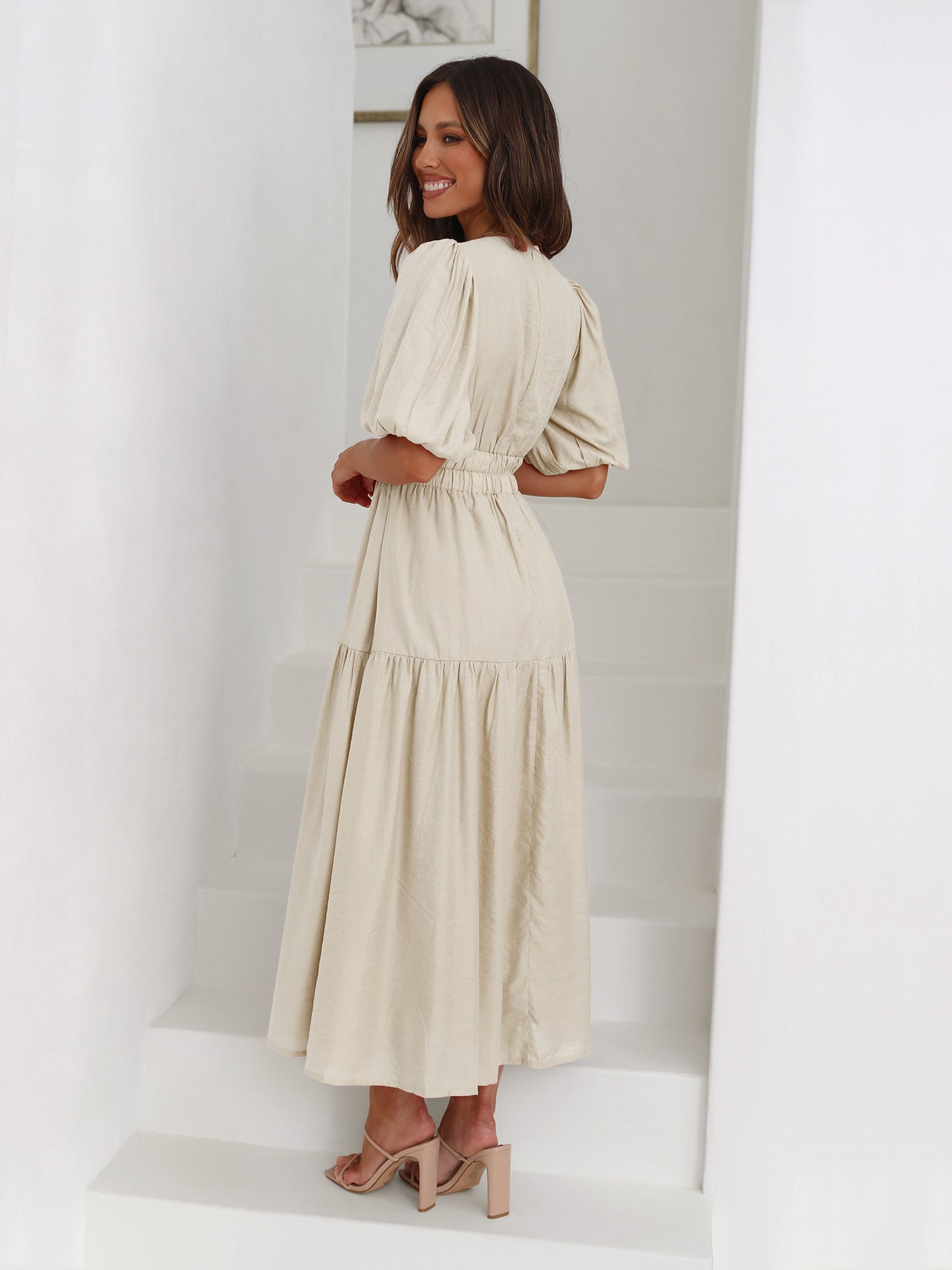 Robe Longue Femme Col en V Manches Bouffantes Élégante Polyester-2