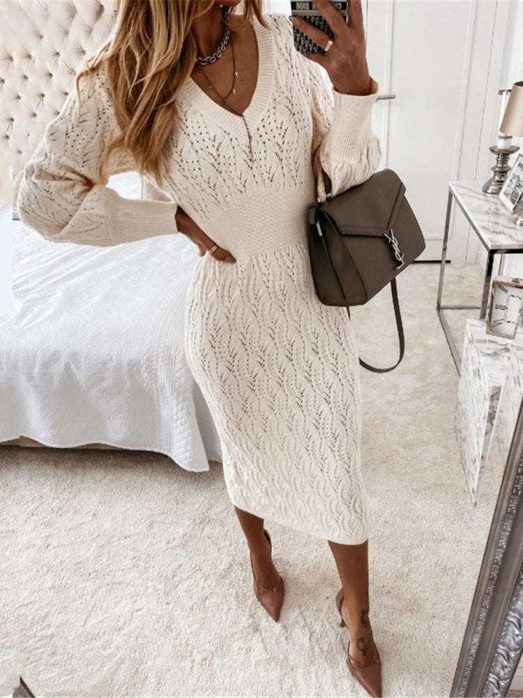Robe Femme Midi Élégante Col en V Manches Longues Coton-2