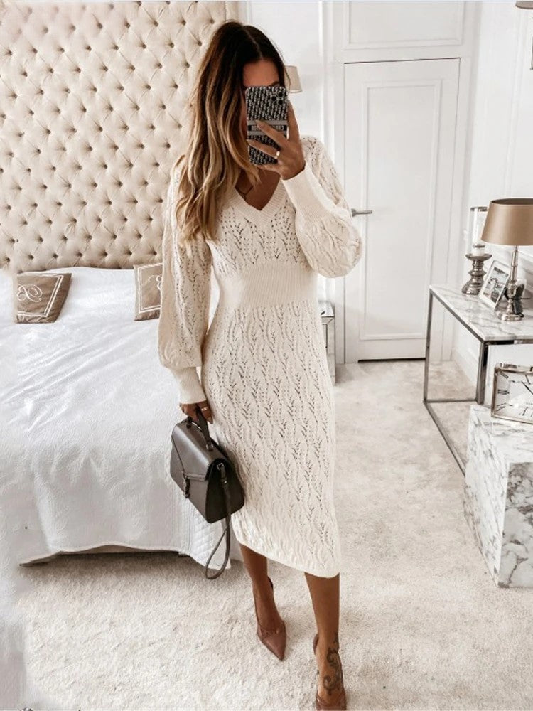 Robe Femme Midi Élégante Col en V Manches Longues Coton-1