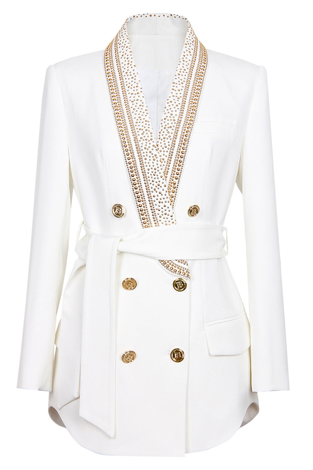 Variant image for Blazer Femme Blanc Chic Détails en Perles Dorées Polyester Double Boutonnage-1