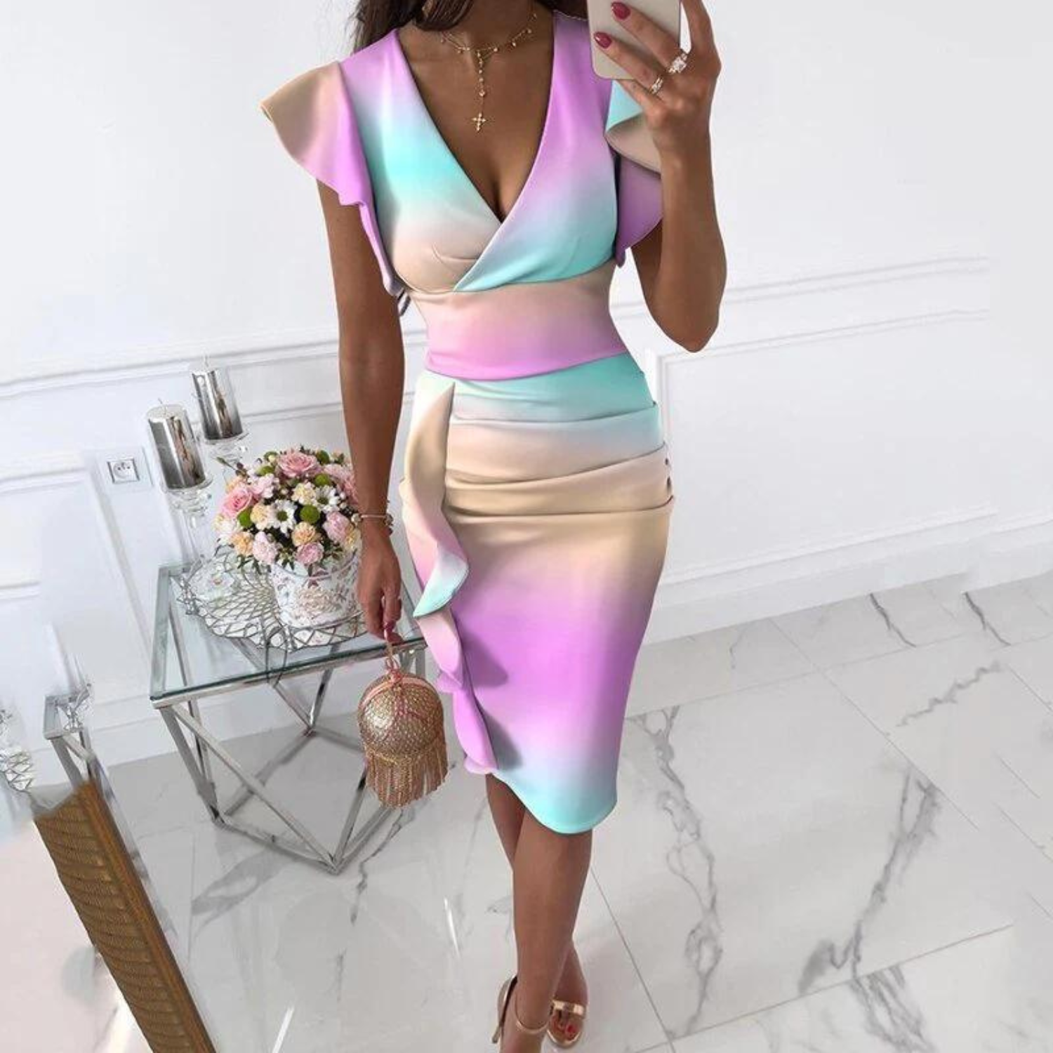 Variant image for Robe Femme Élégante Col en V Manches Recommandées Tissu de Haute Qualité-37