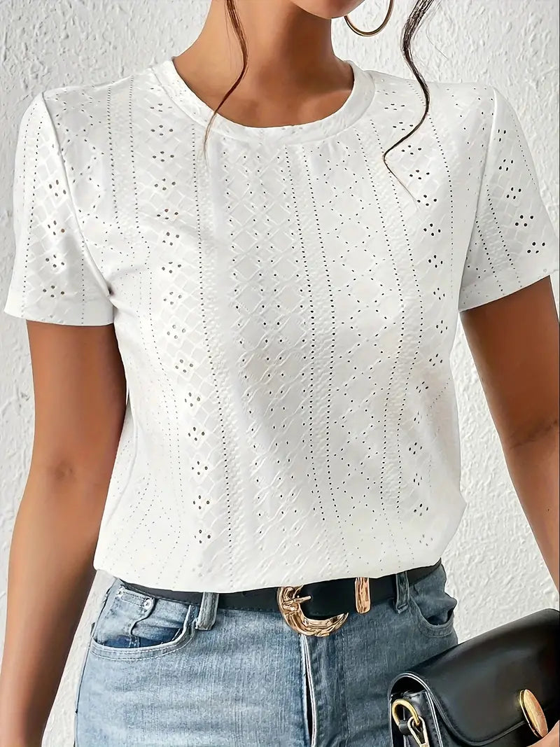 T Shirt Femme Décontracté Col Rond avec Œillets 100% Coton-2