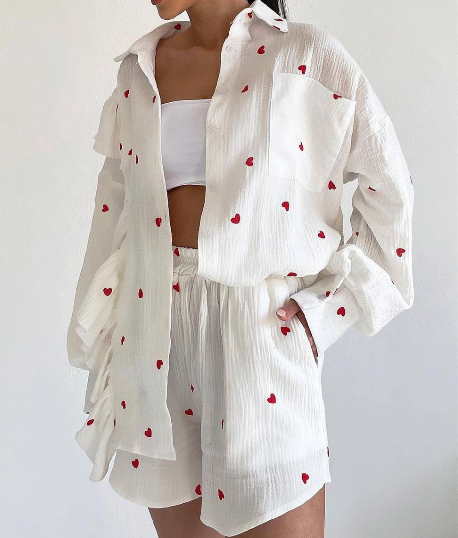 Variant image for Ensemble Femme Chemise et Short Élégant Coton Léger-1