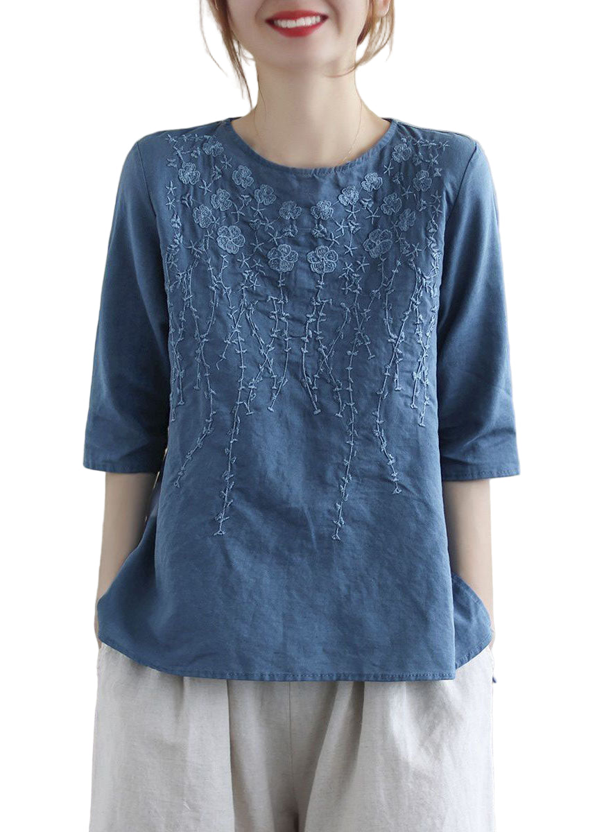 Blouse Femme Brodée à Col Rond en Coton 0