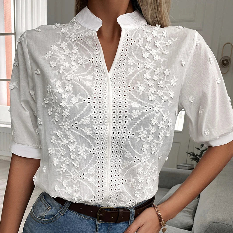 Blouse Femme Chic à Manches Courtes avec Broderie Florale 5