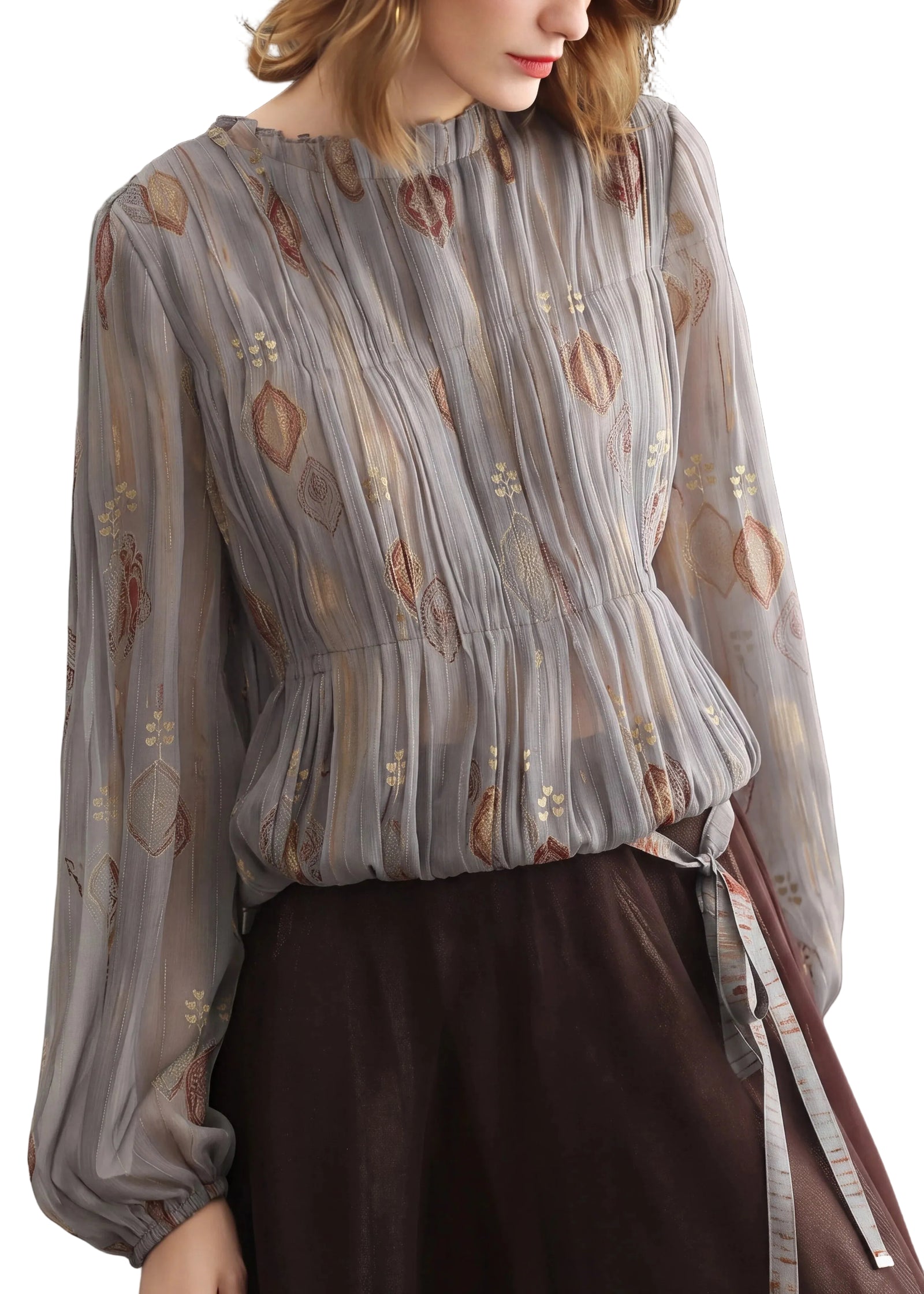 Blouse Femme Plissée Jacquard Col Rond Automne 0