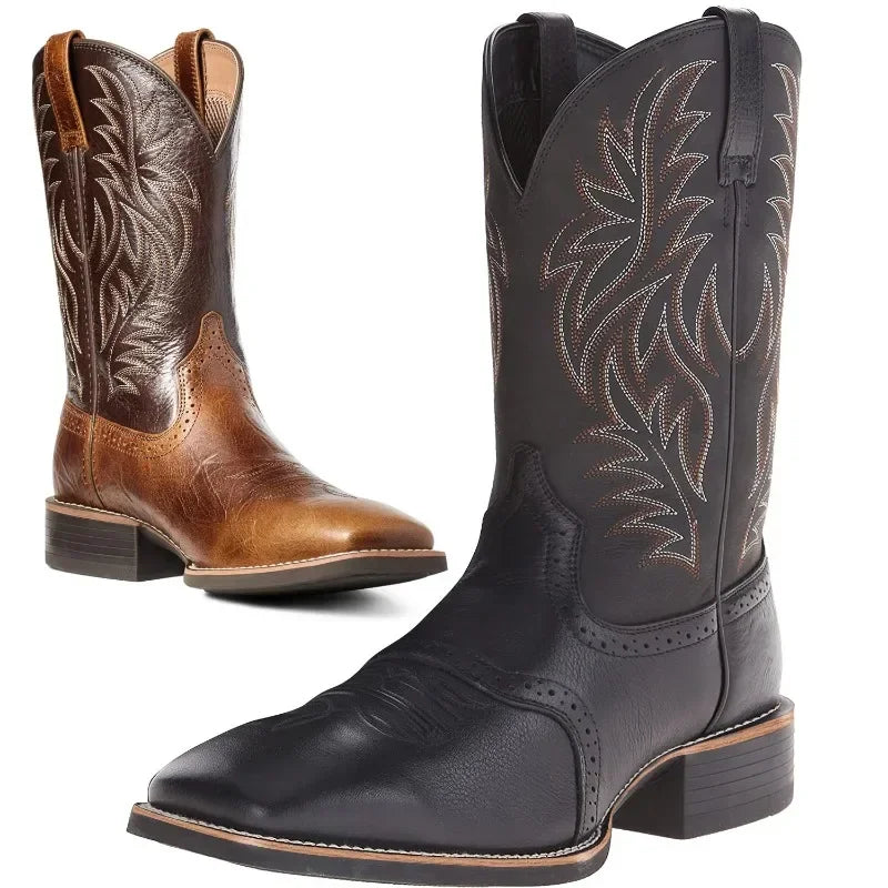 Bottes hautes pour homme style rétro, en similicuir fait main avec broderie 5