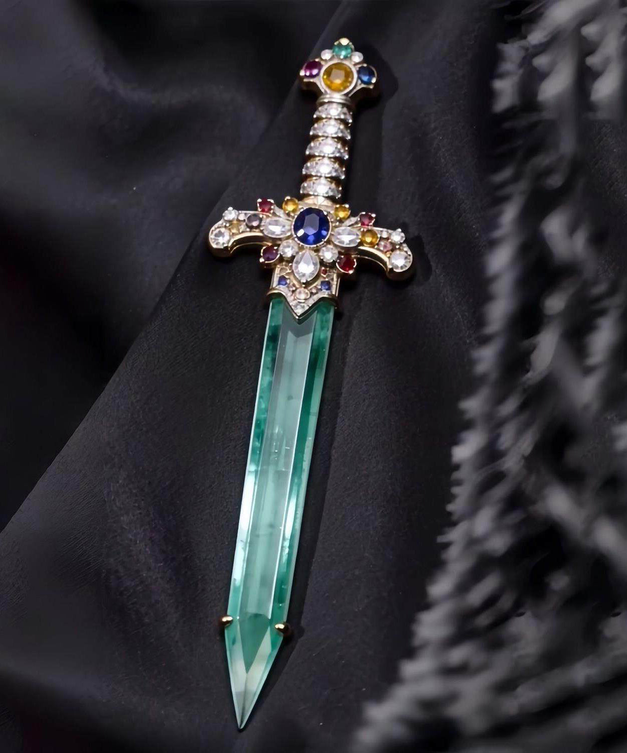 Broche Femme Style Épée Jade Incrustée Cuivre Bleu 3