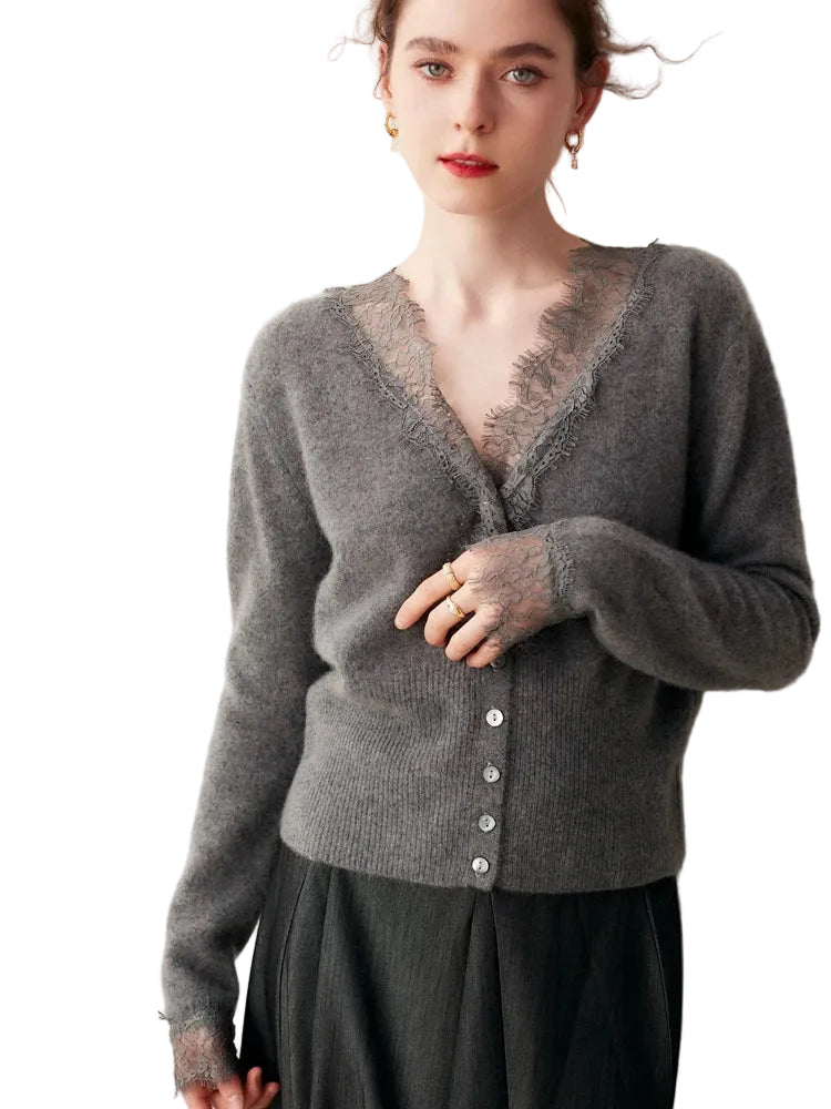 Cardigan Femme Boutonné Détails en Dentelle Ajusté 0