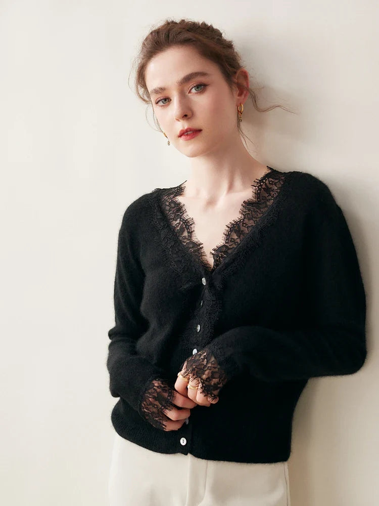 Cardigan Femme Boutonné Détails en Dentelle Ajusté 10