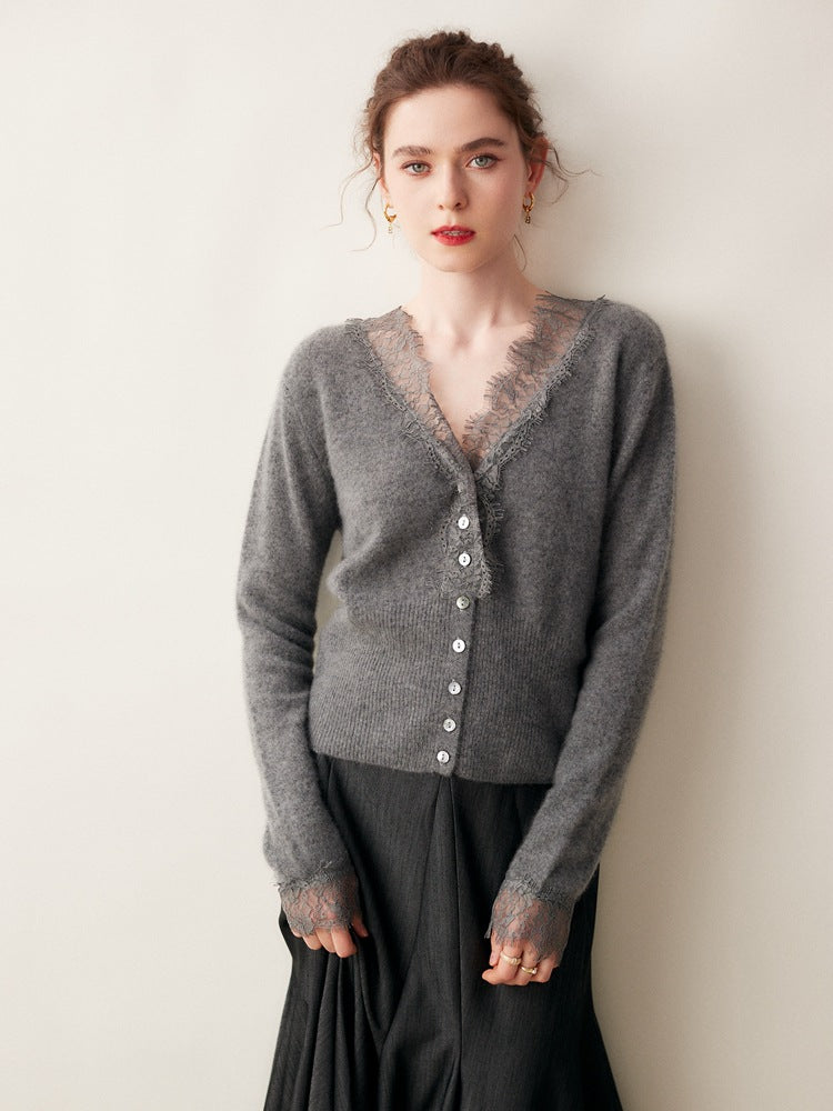 Cardigan Femme Boutonné Détails en Dentelle Ajusté 1