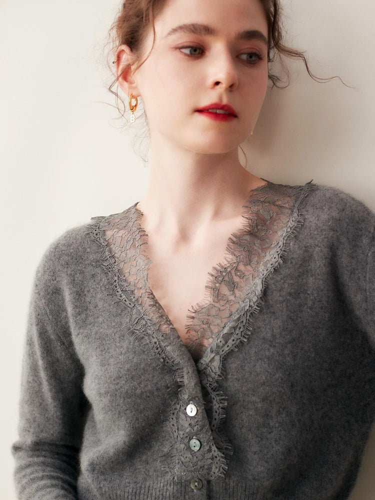 Cardigan Femme Boutonné Détails en Dentelle Ajusté 2