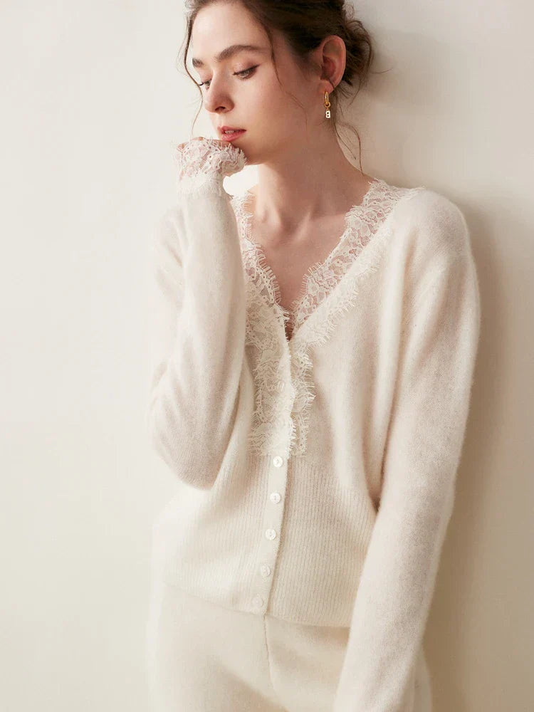 Cardigan Femme Boutonné Détails en Dentelle Ajusté 7