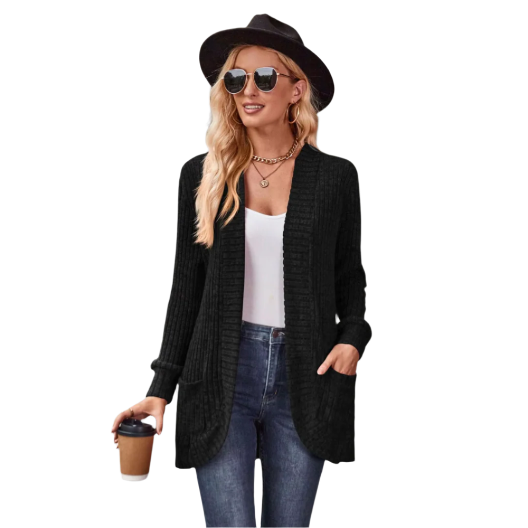 Cardigan Femme Maille Côtelée Élégante avec Poches Avant 0