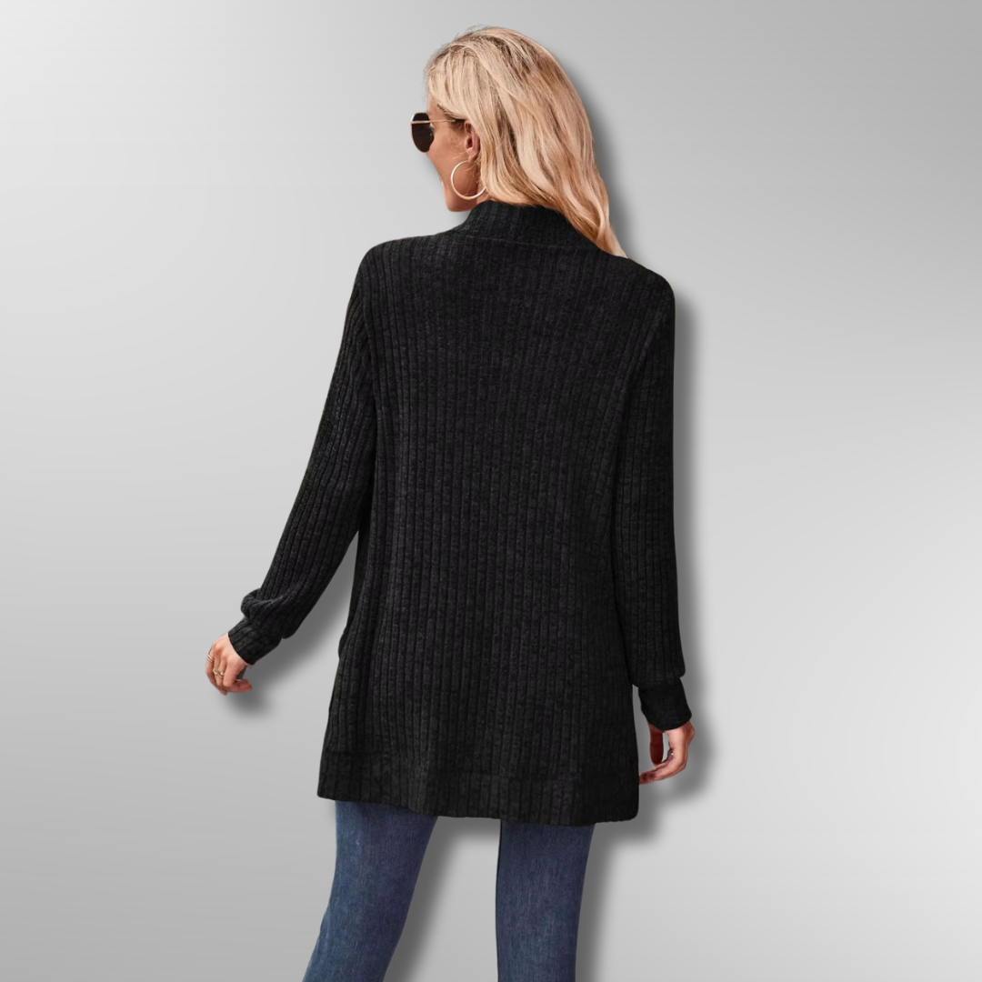Cardigan Femme Maille Côtelée Élégante avec Poches Avant 1