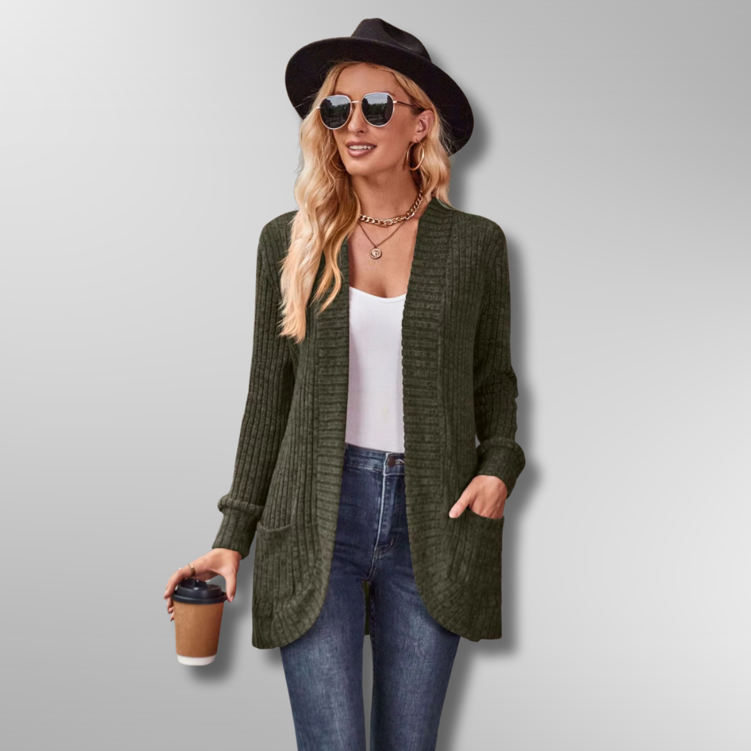 Cardigan Femme Maille Côtelée Élégante avec Poches Avant 4