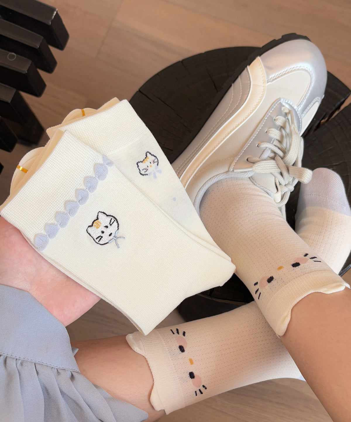 Chaussettes Mi-hautes Femme Style Japonais Motif Chat 2