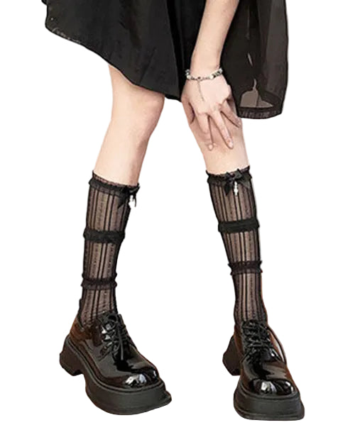 Chaussettes de mollet à patchwork dentelle avec nœud pour femme 1