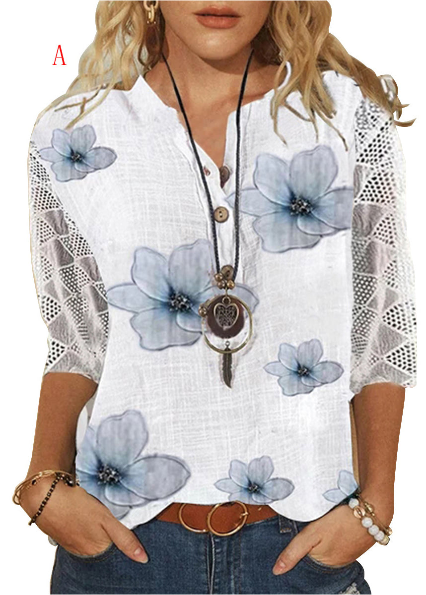Chemise Femme Ample en V avec Dentelle Imprimée 0