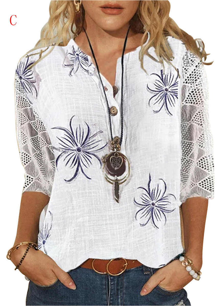 Chemise Femme Ample en V avec Dentelle Imprimée 2