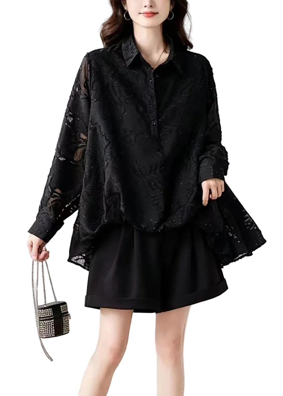 Chemise Femme Automne Coupe Ample Col Rabattu Strass 0