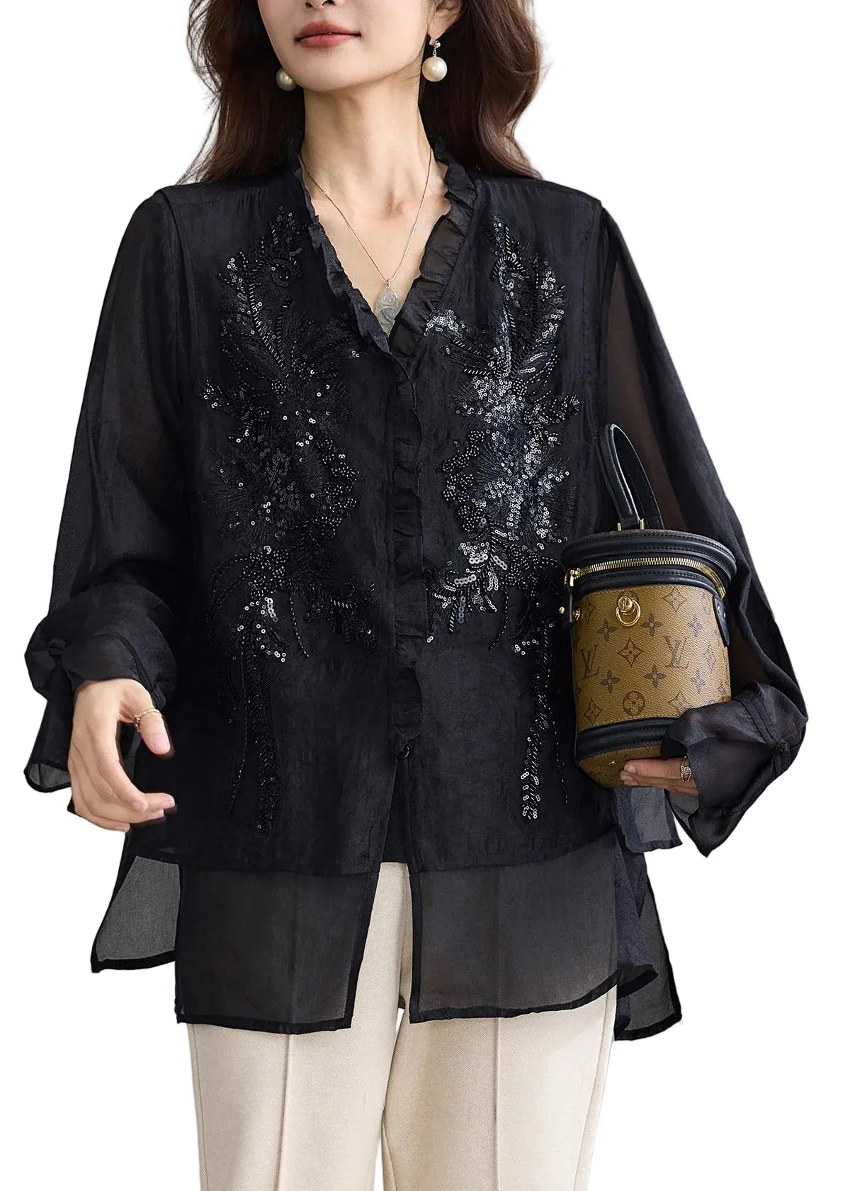Chemise Femme Deux Pièces Décontractée Col V Ornée de Sequins 0