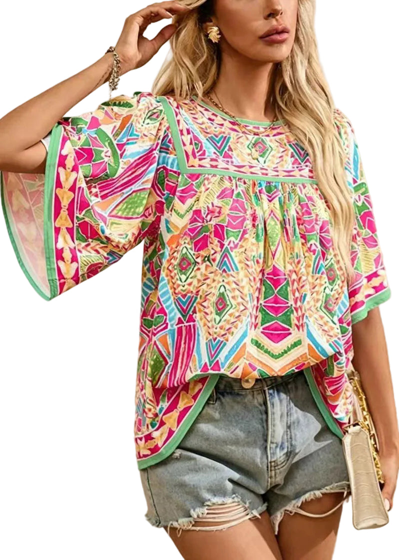 Chemise Femme Imprimé Froissé Col Rond Style Estival 0