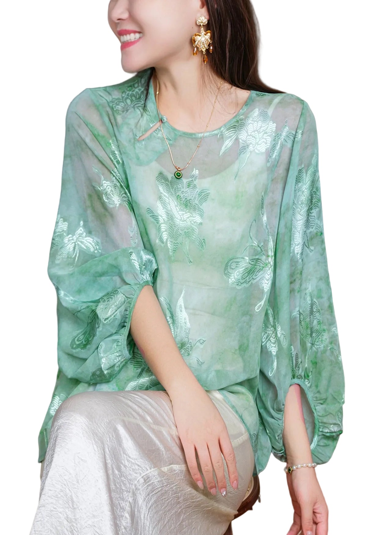 Chemise Femme Jacquard Col Rond Manches Lanterne 0