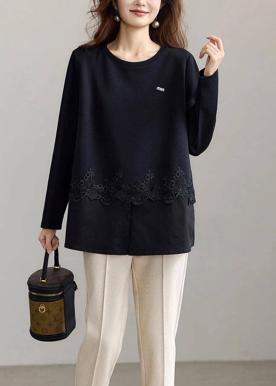 Chemise Femme Moderne Col Rond avec Empiècements en Dentelle Automne 1