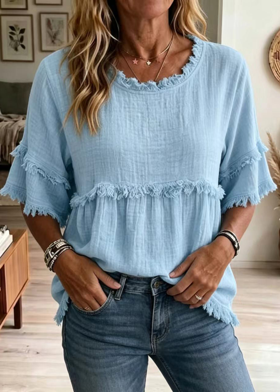 Chemise Femme Style Bohème à Col Rond et Manches Mi-Longues 3