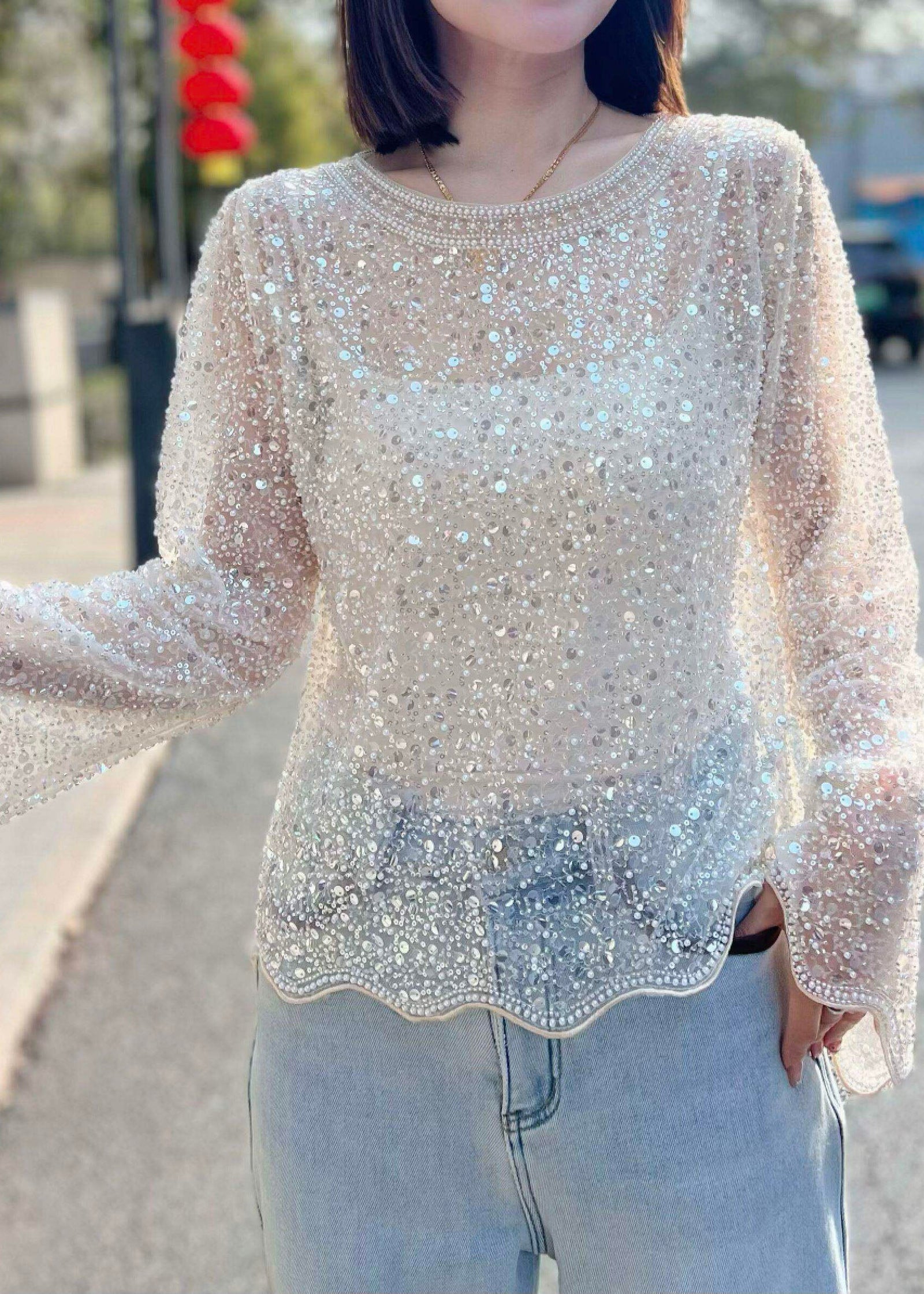 Chemise Femme Tulle à Paillettes Manches Évasées 3