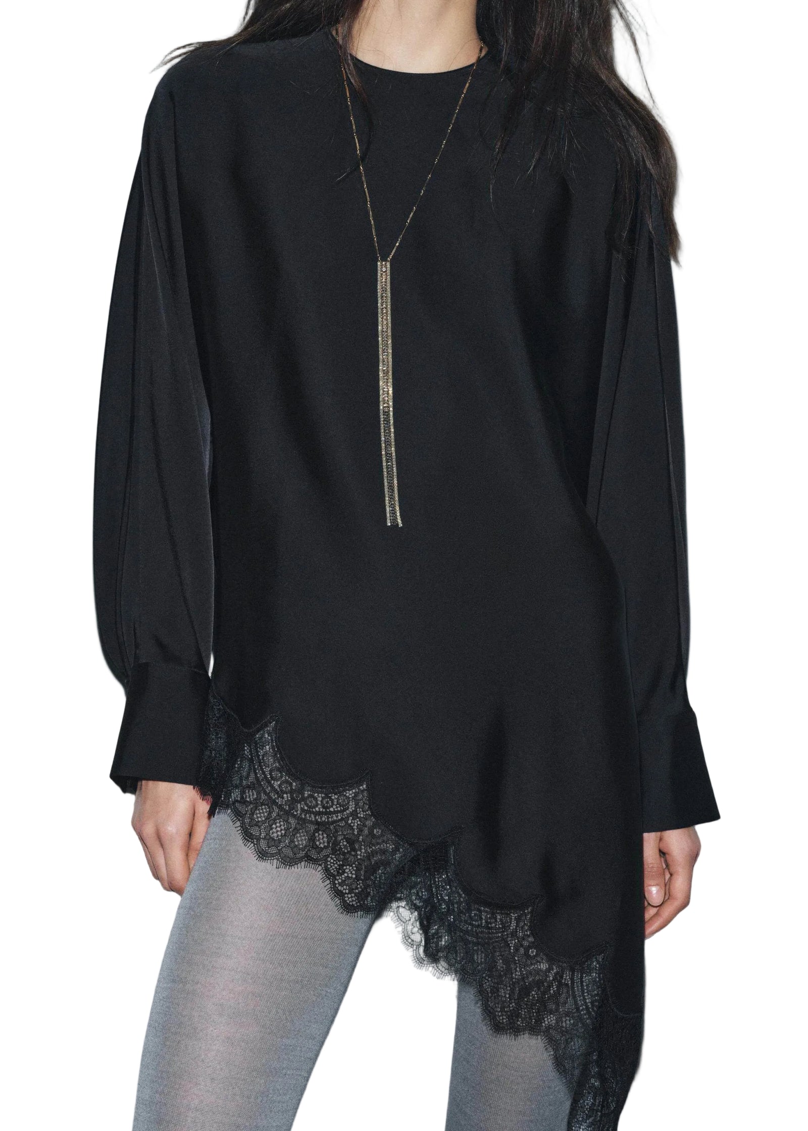 Chemise Femme à Manches Longues Col O Dentelle Asymétrique Patchwork 0