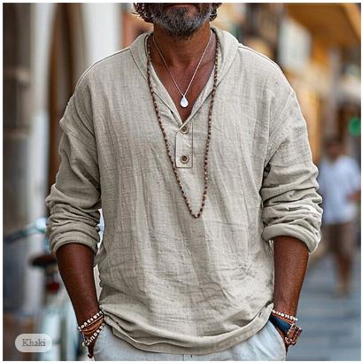 Chemise Homme Décontractée à Manches Longues Encolure en V 1