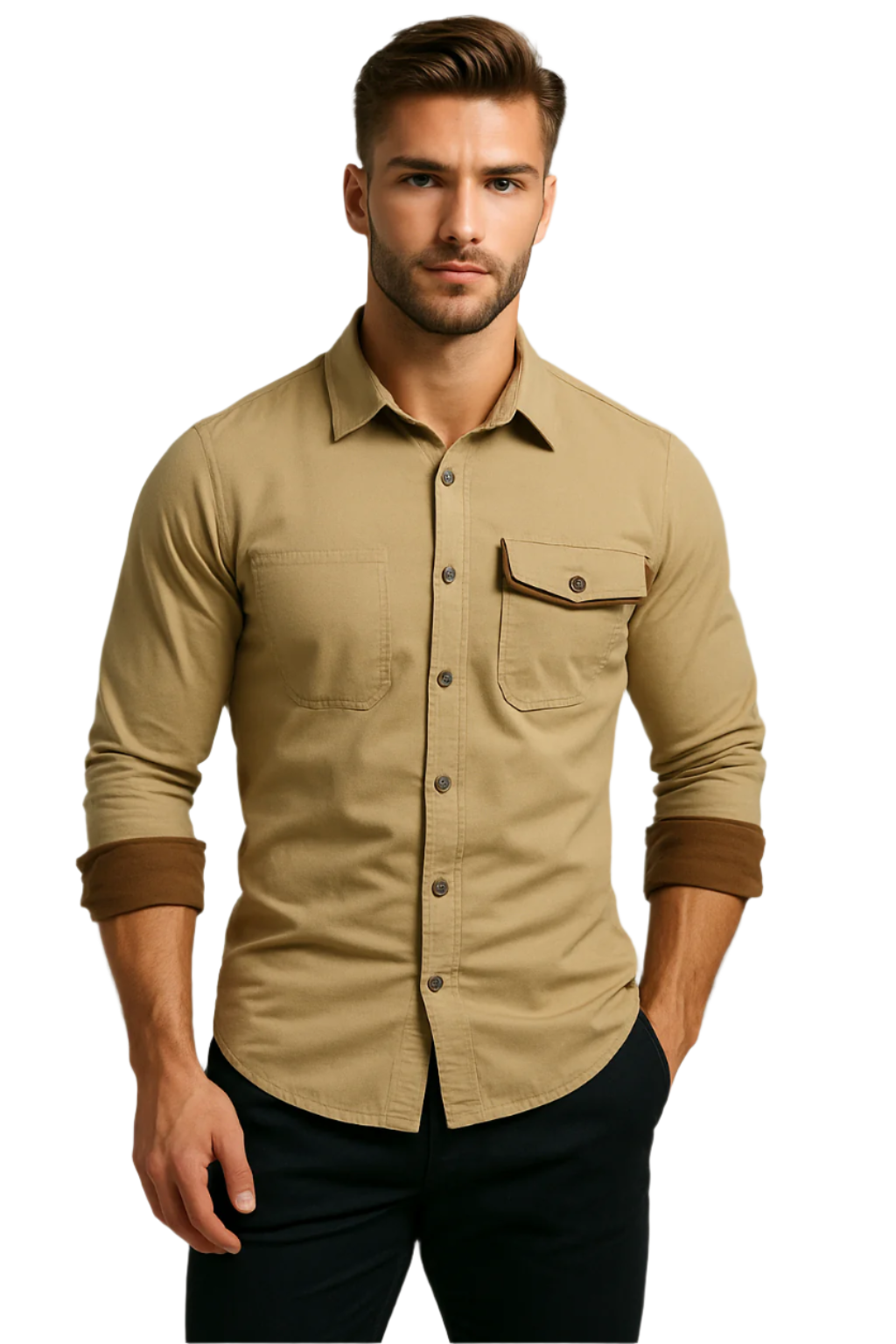 Chemise Homme à Manches Longues Boutonnée Contrastées Tissu Durable 0