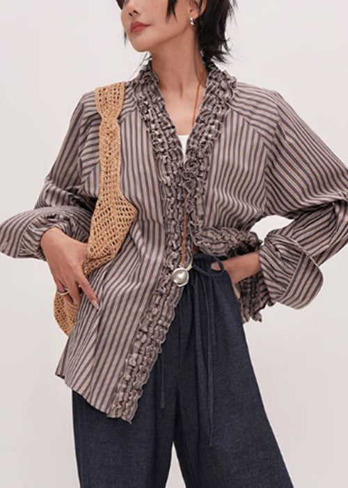 Chemise en Coton à Rayures pour Femme avec Col en V et Volants 1