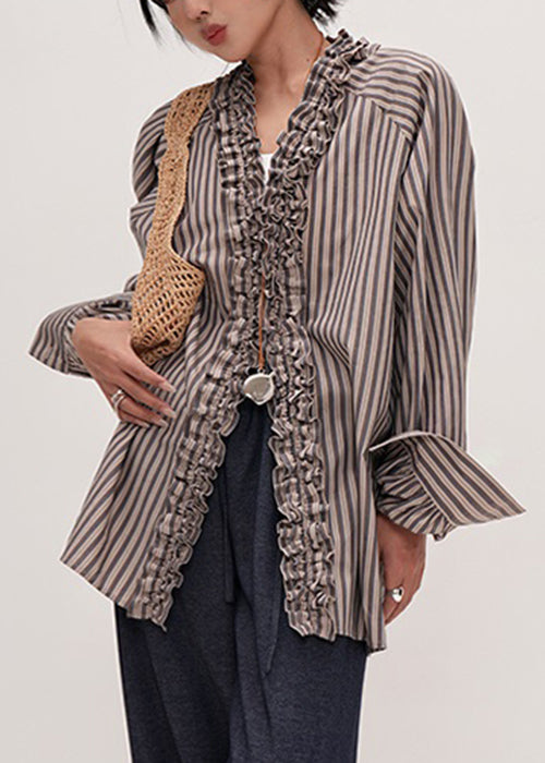 Chemise en Coton à Rayures pour Femme avec Col en V et Volants 2