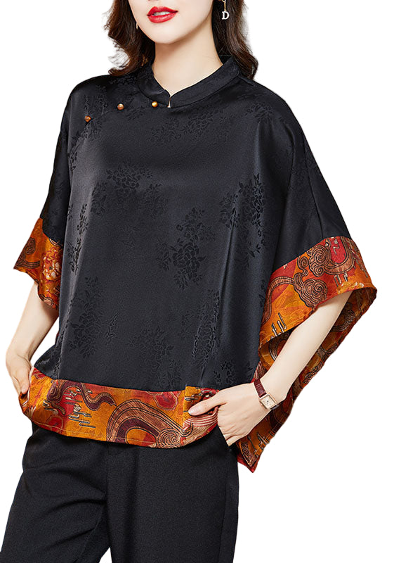 Chemise en Soie Femme Col Mandarin Vintage Asymétrique Manches Chauve-Souris 0