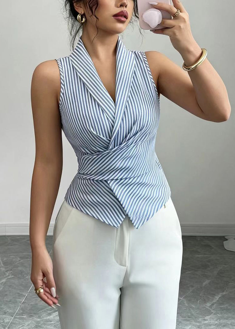 Chemise sans manches à col en V rayée pour femme avec lacets 1
