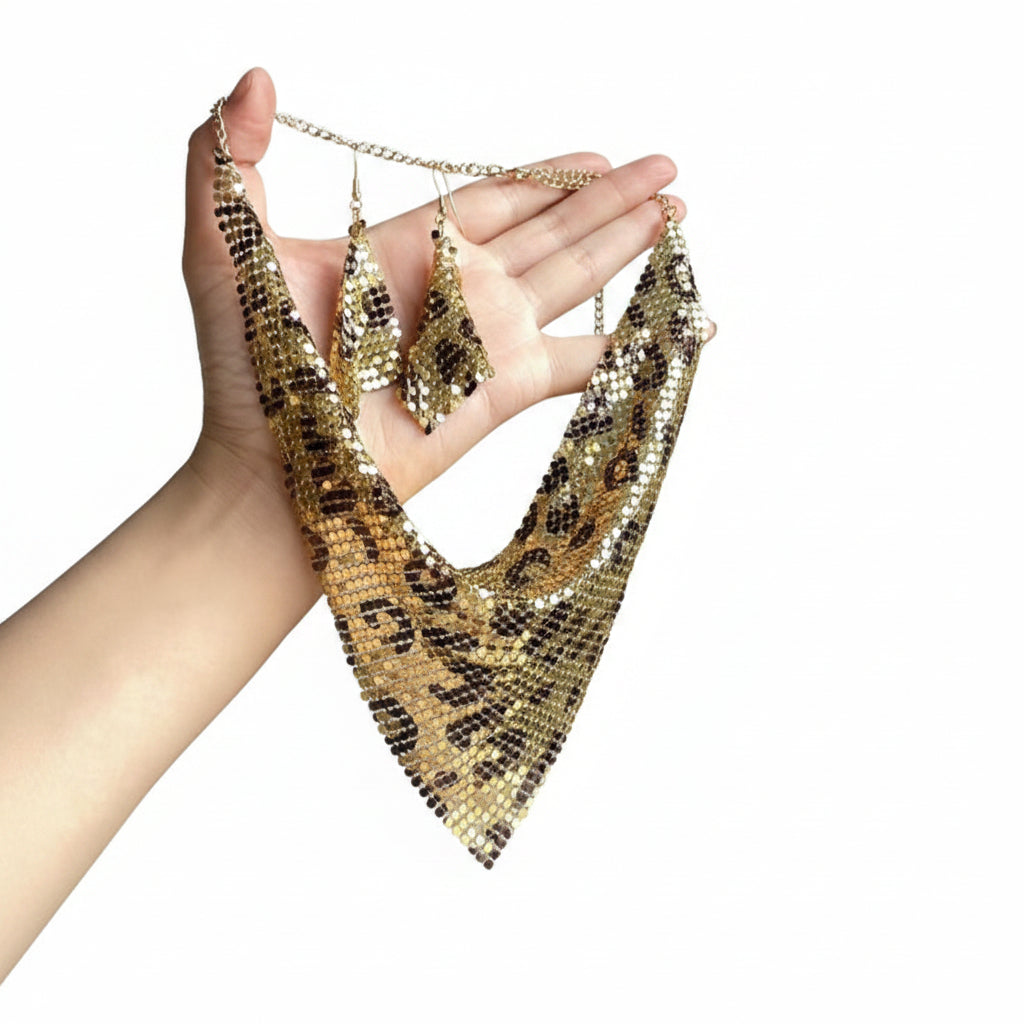 Collier Femme Moderne à Pendentif Triangulaire Léopard Ensemble 2 Pièces 0