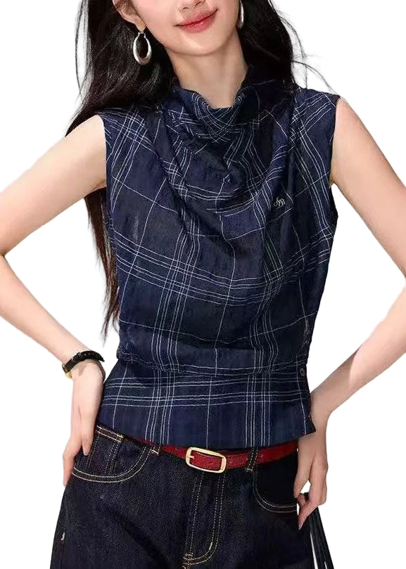 Débardeur Femme Drapé Col Bénitier à Carreaux Casual 0