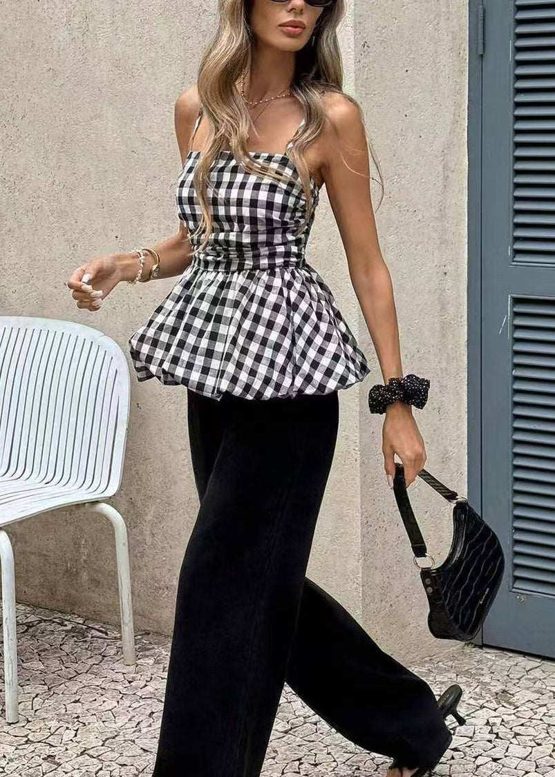 Débardeur Femme à Carreaux Noir Style Froissé Sans Manches 2