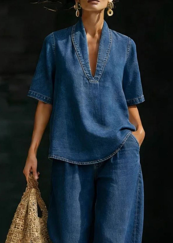 Ensemble Décontracté T-shirt et Jean à Col en V 4