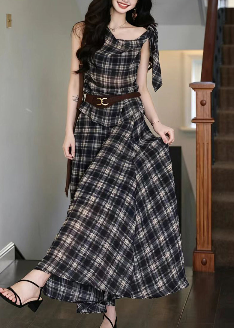 Ensemble Femme 2 Pièces Ajusté à Carreaux Épaule Asymétrique à Lacets 1