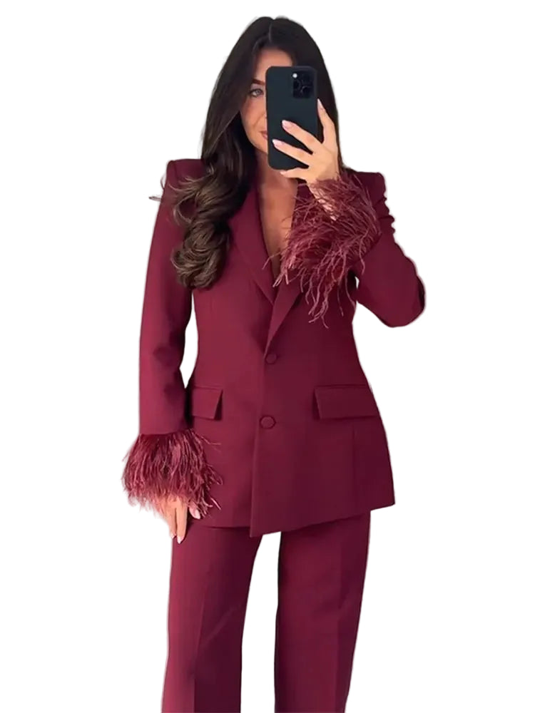Ensemble Femme Blazer et Pantalon à Plumes 1