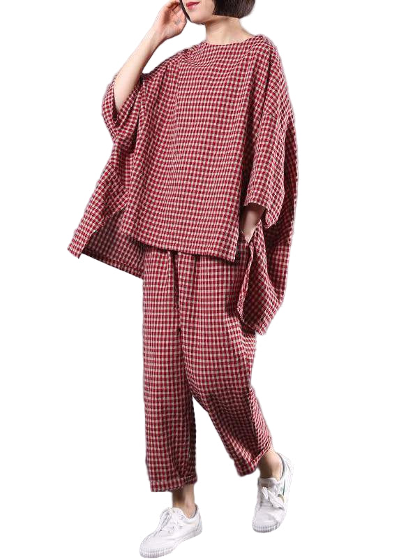 Ensemble Femme Carreaux Vintage en Lin Coton Décontracté 0