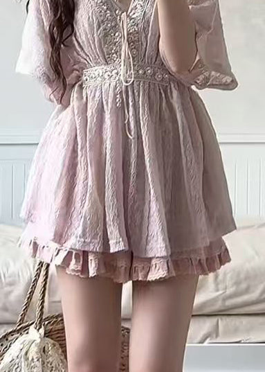 Ensemble Femme Costume Deux Pièces Col V Lacets Style Chic Été 4