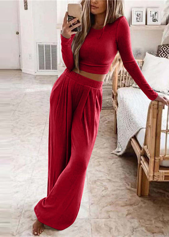 Ensemble Femme Deux Pièces Col Rond Pantalon Large Manches Longues 1