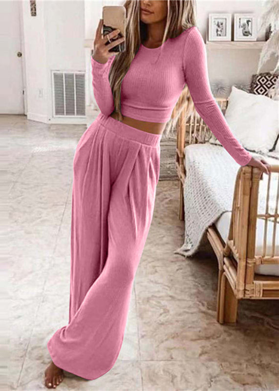Ensemble Femme Deux Pièces Col Rond Pantalon Large Manches Longues 4