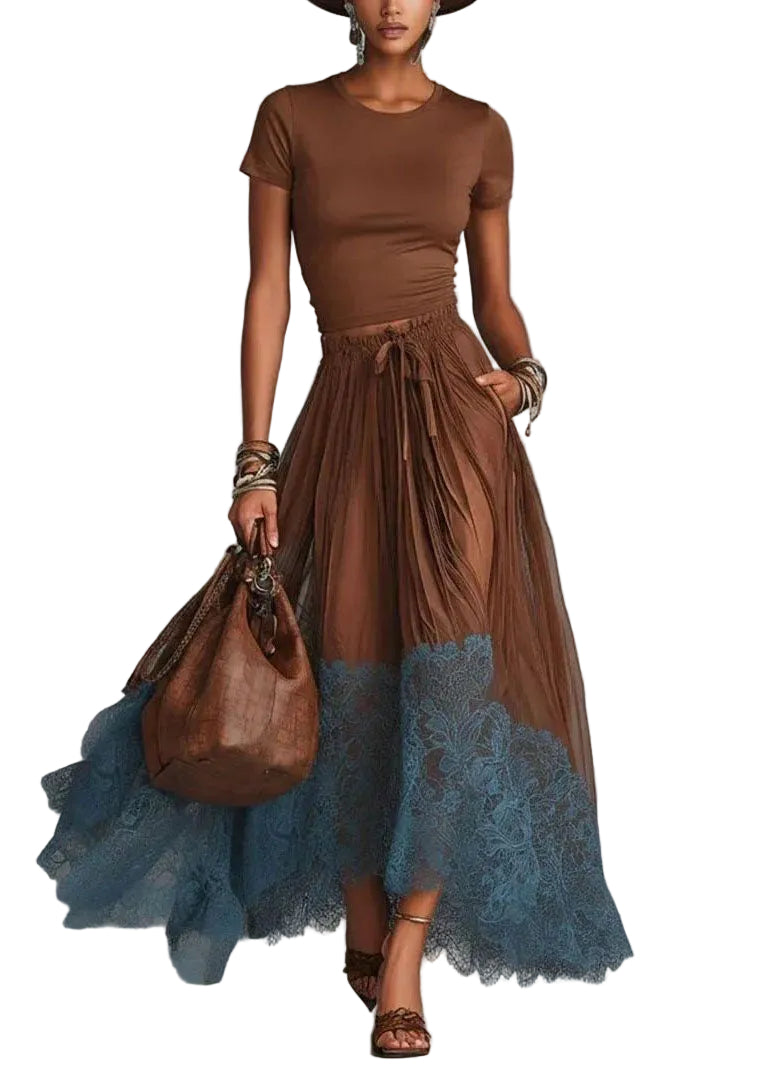 Ensemble Femme Deux Pièces Haut Col Rond et Jupe Patchwork Dentelle 0