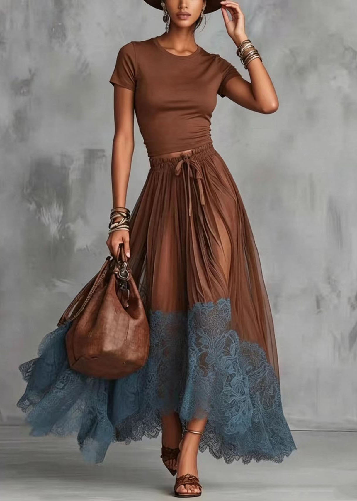 Ensemble Femme Deux Pièces Haut Col Rond et Jupe Patchwork Dentelle 1